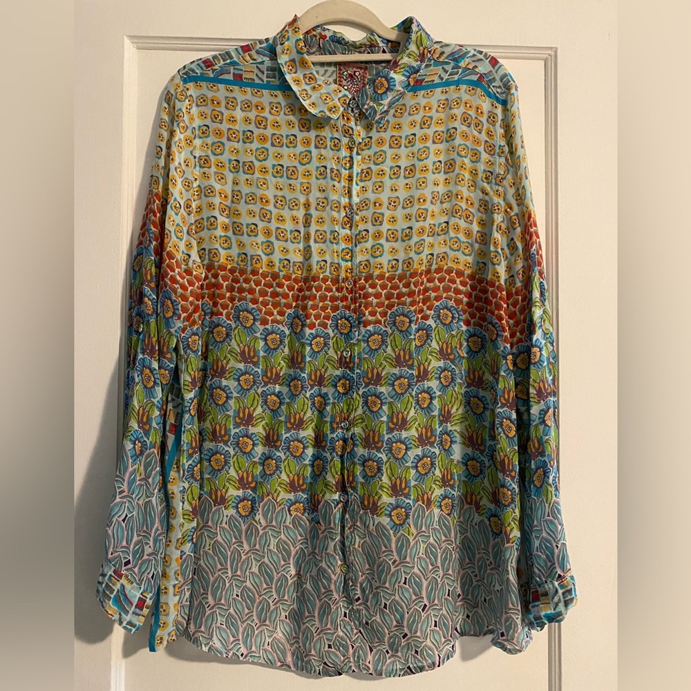Johnny Was Boho Colorful Floral Copra Rayon Button Down Shirt Size Large